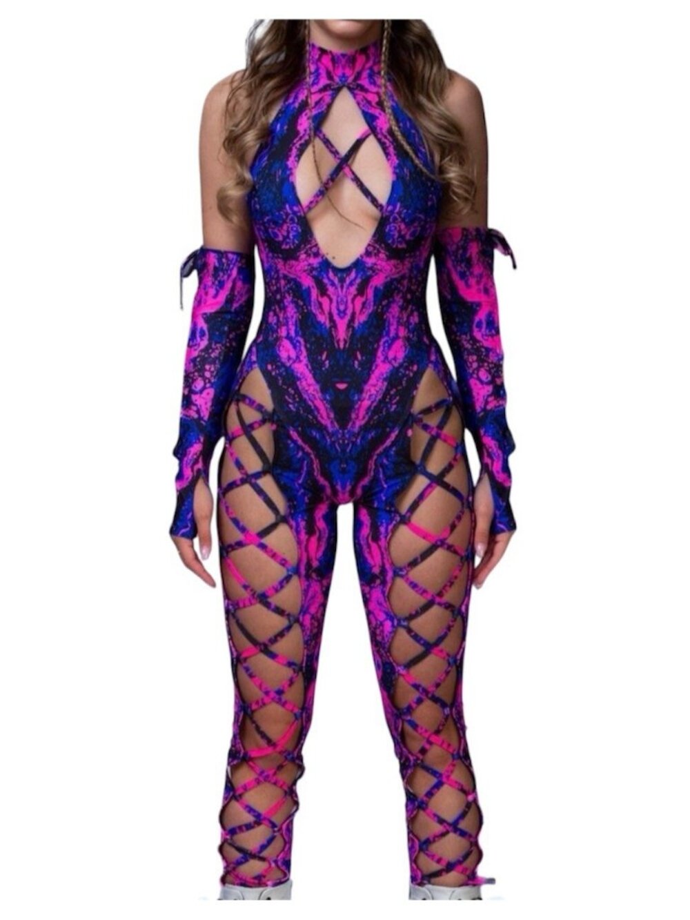 Women's Neon Pink & Blue Crisscross Lace-Up Jumpsuit